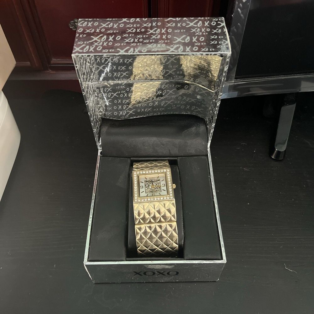XOXO Rectangle Dial Gold Watch With Diamond Accent